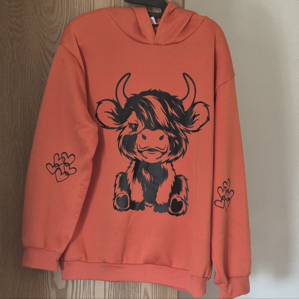 Orange Graphic Tee,Hooded Sweatshirt with Heart and Western Cow Printed Large